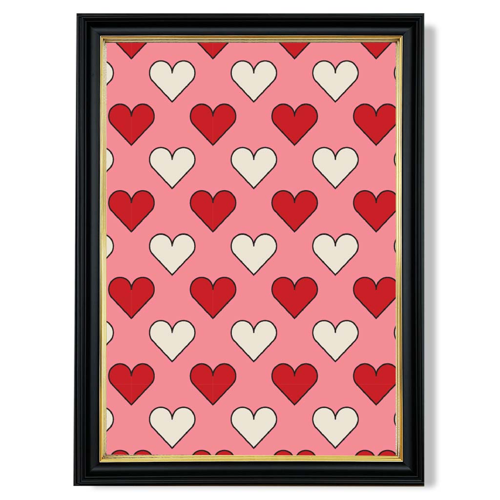 Retro Patterned Hearts print in Black and Gold Frame