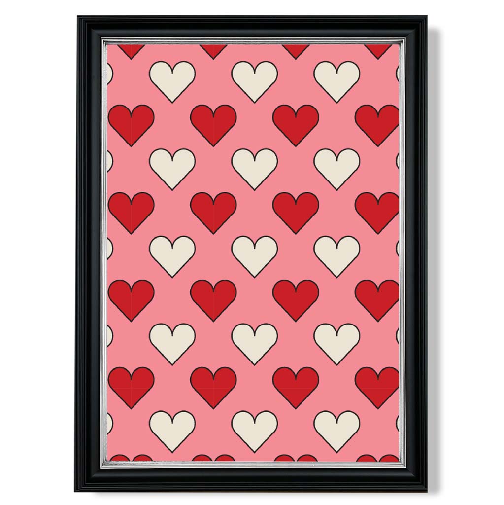 Retro Patterned Hearts print in Black and silver Frame