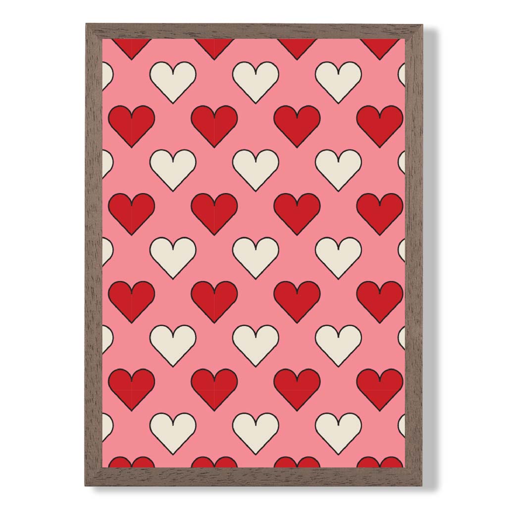 Retro Patterned Hearts print in Walnut Wooden Frame