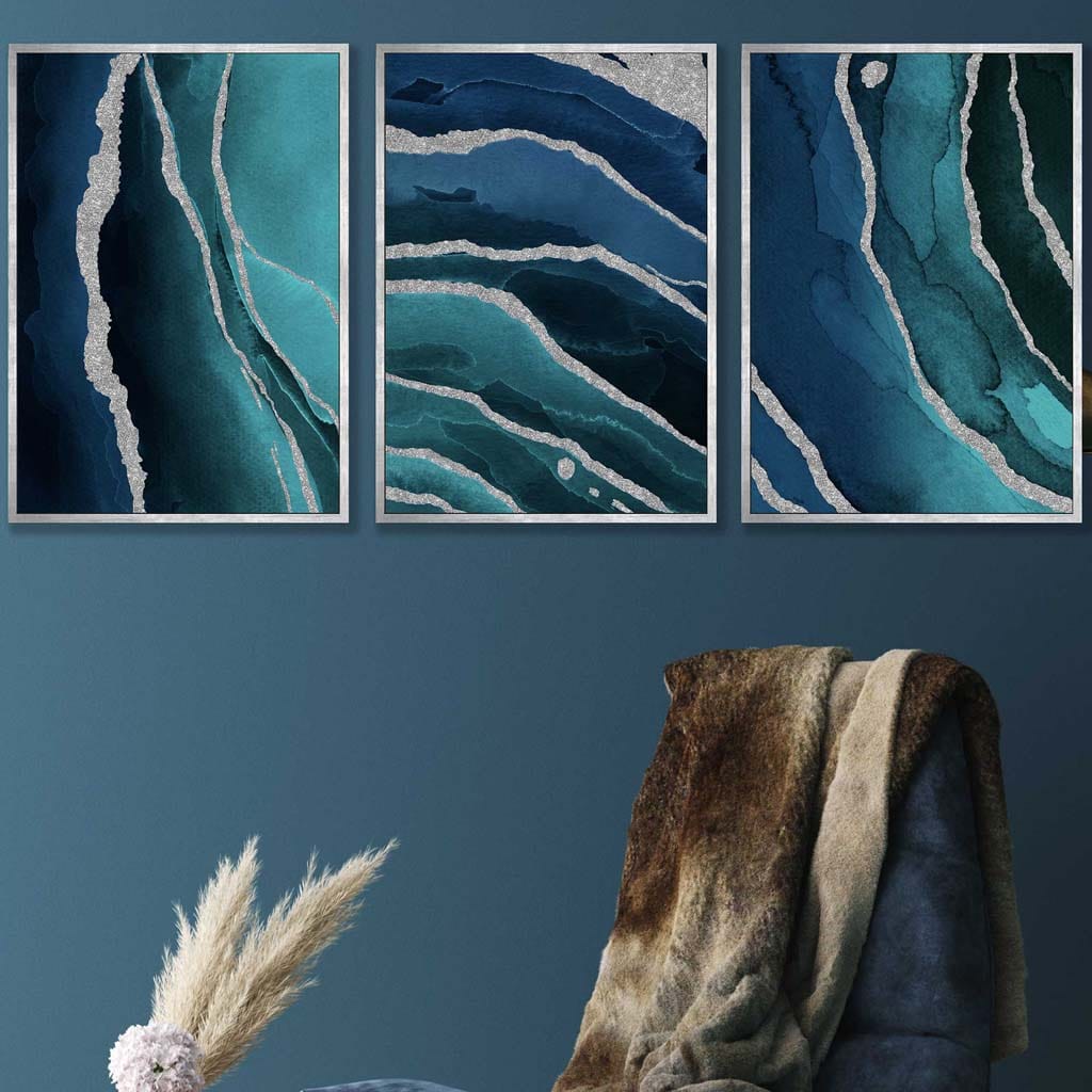 Set of 3 Abstract Teal, Blue and Silver Wall Art Prints