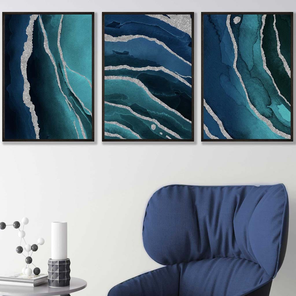 Set of 3 Abstract Teal, Blue and Silver Wall Art Prints