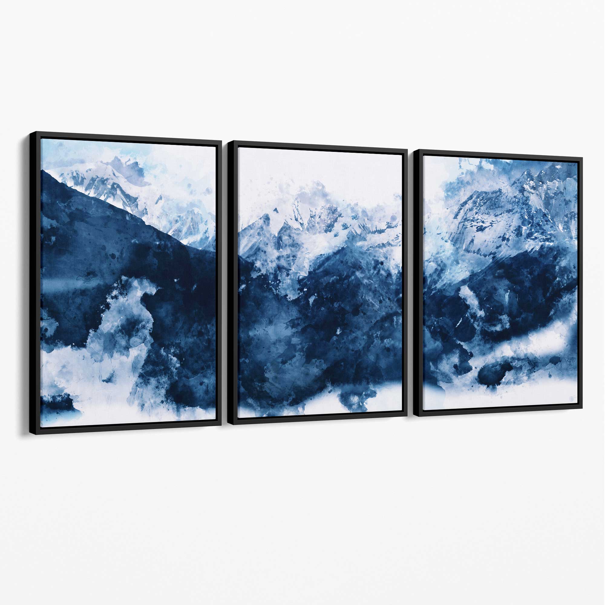 Abstract Navy Blue Mountains Set of 3 Canvas Art Prints with Black Float Frame