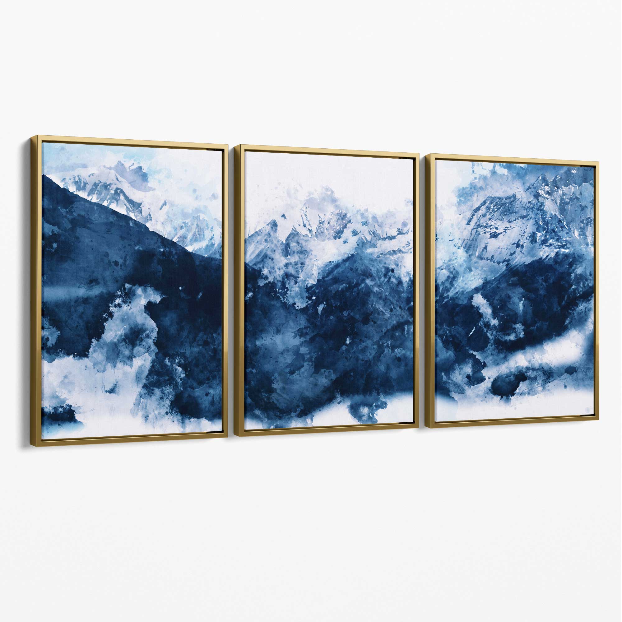 Abstract Navy Blue Mountains Set of 3 Canvas Art Prints with Gold Float Frame