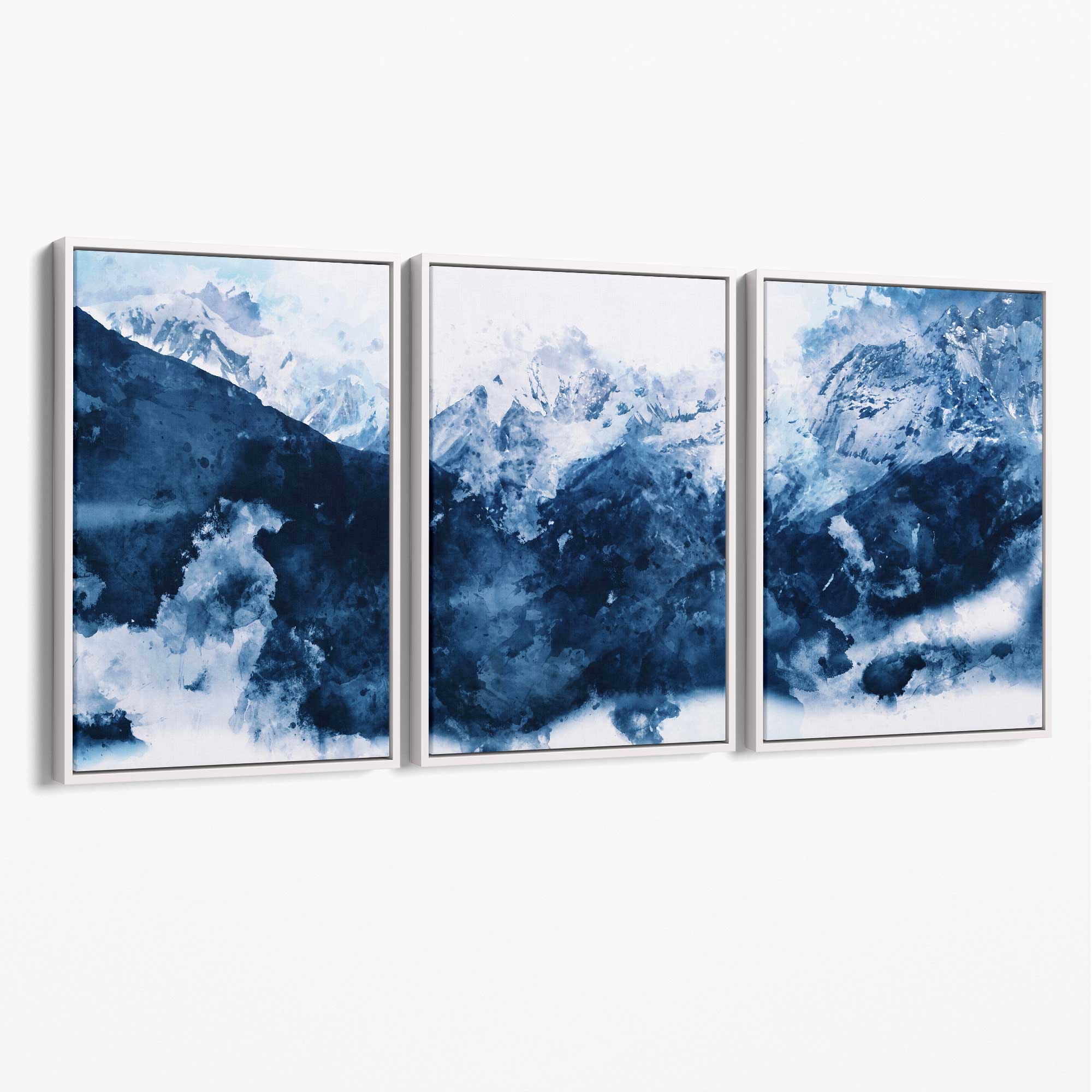 Abstract Navy Blue Mountains Set of 3 Canvas Art Prints with White Float Frame