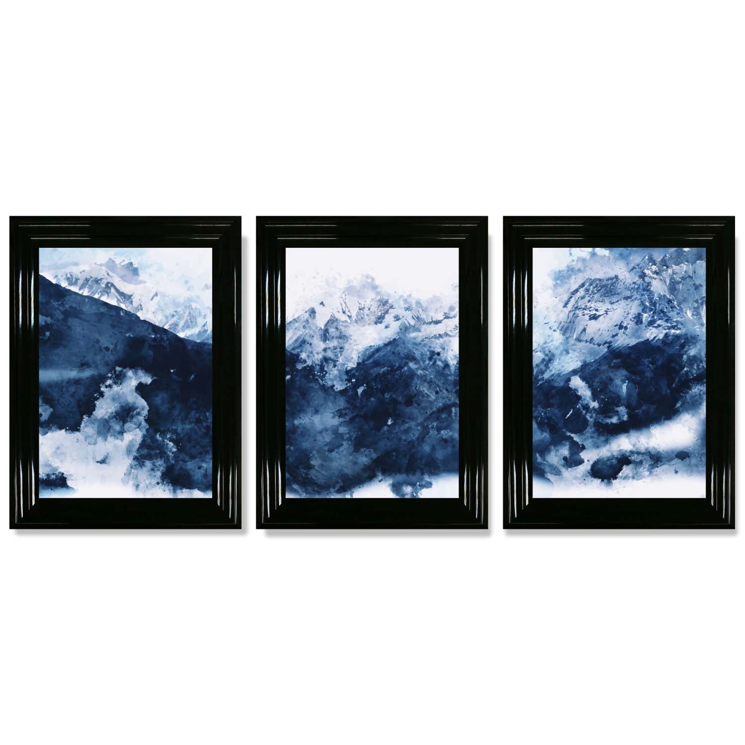 Abstract Navy Blue Mountains Set of 3 Framed Art Prints with Glossy Black Frames