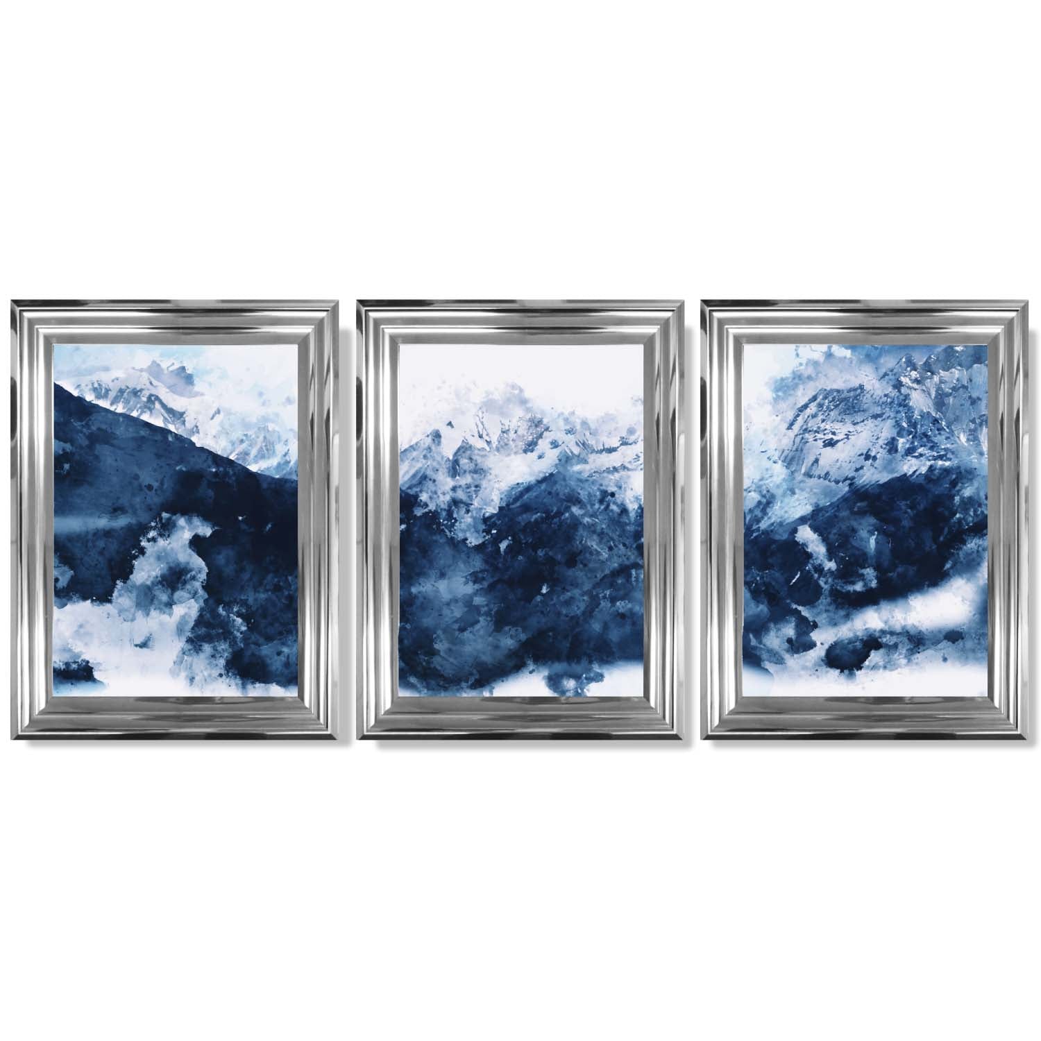 Abstract Navy Blue Mountains Set of 3 Framed Art Prints with Glossy Chrome Frames