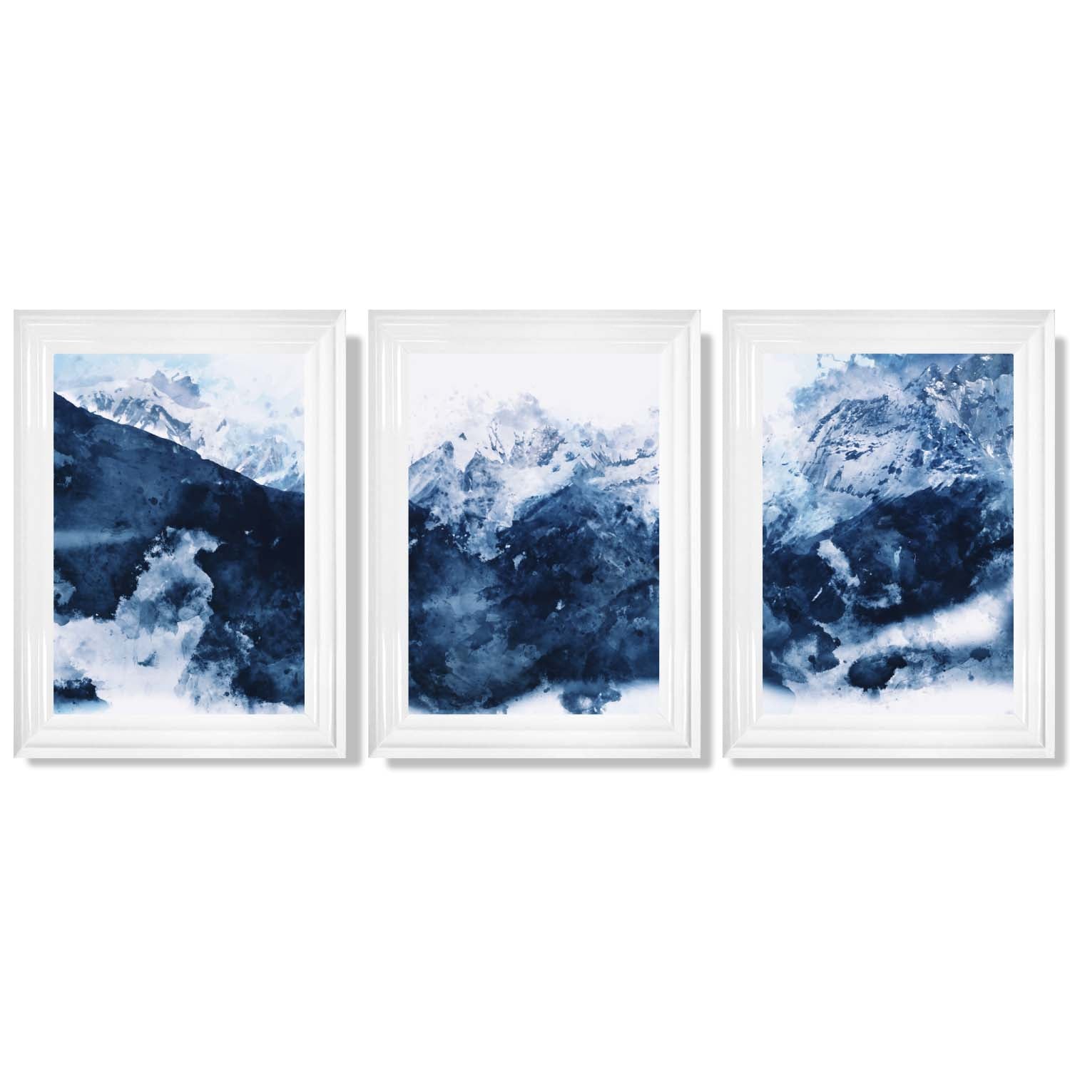 Abstract Navy Blue Mountains Set of 3 Framed Art Prints with Glossy White Frames