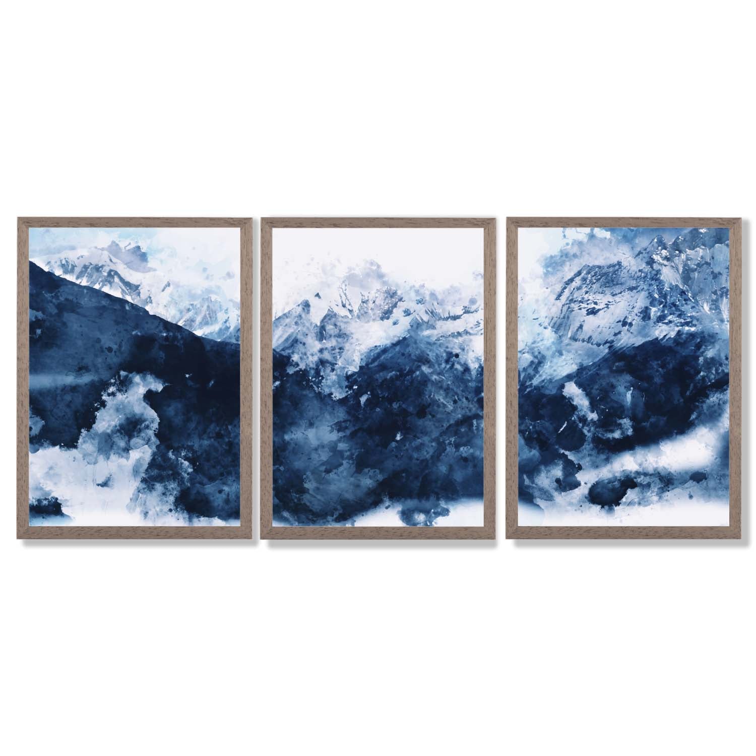 Abstract Navy Blue Mountains Set of 3 Framed Art Prints with Light Walnut Frames