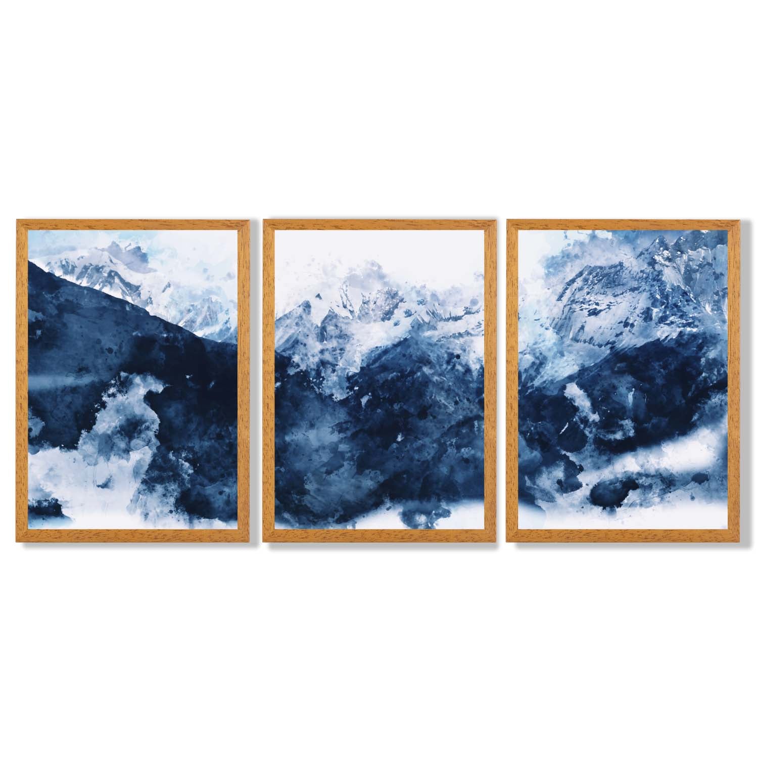 Abstract Navy Blue Mountains Set of 3 Framed Art Prints with Oak Wooden Frames