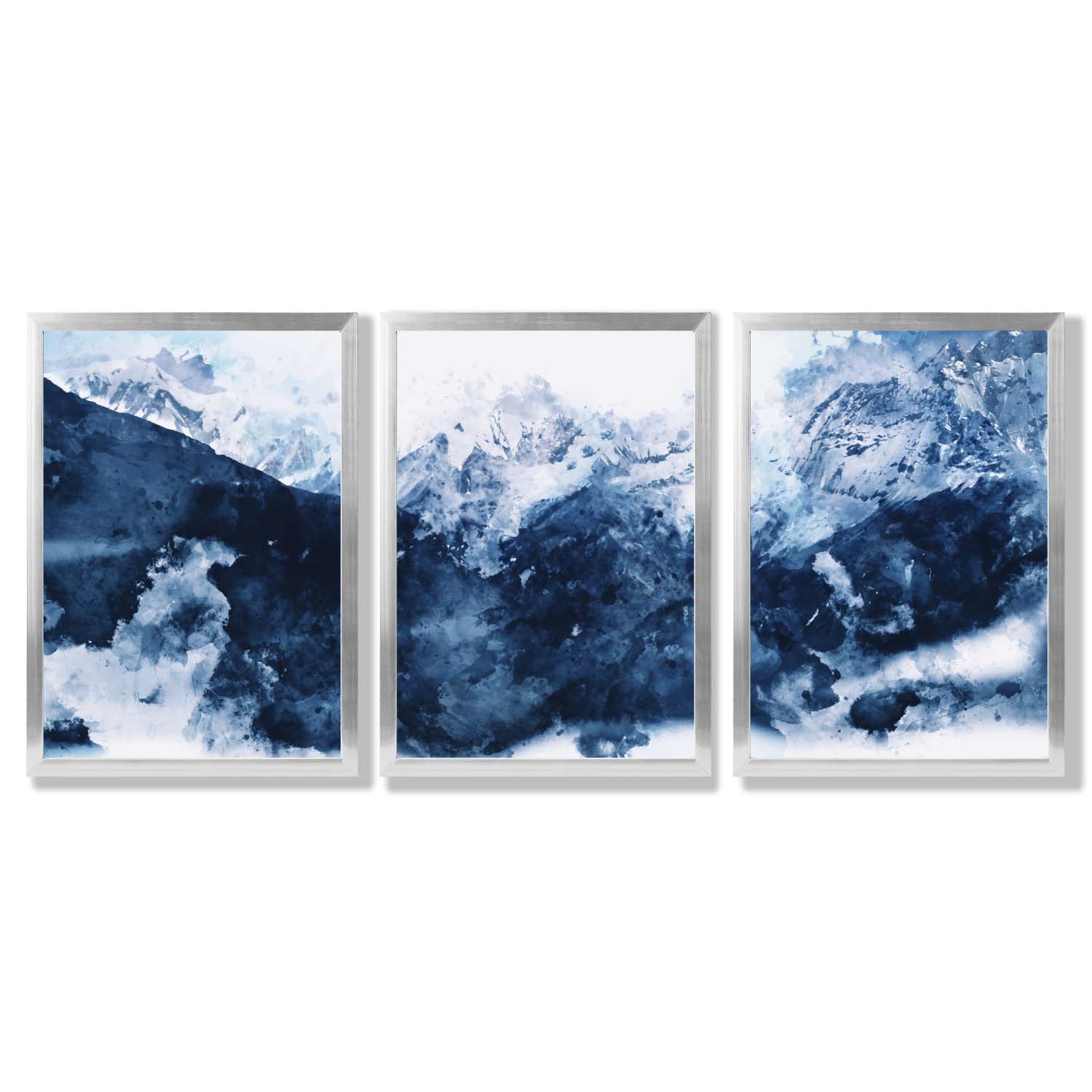 Abstract Navy Blue Mountains Set of 3 Framed Art Prints with Silver Wood Frames