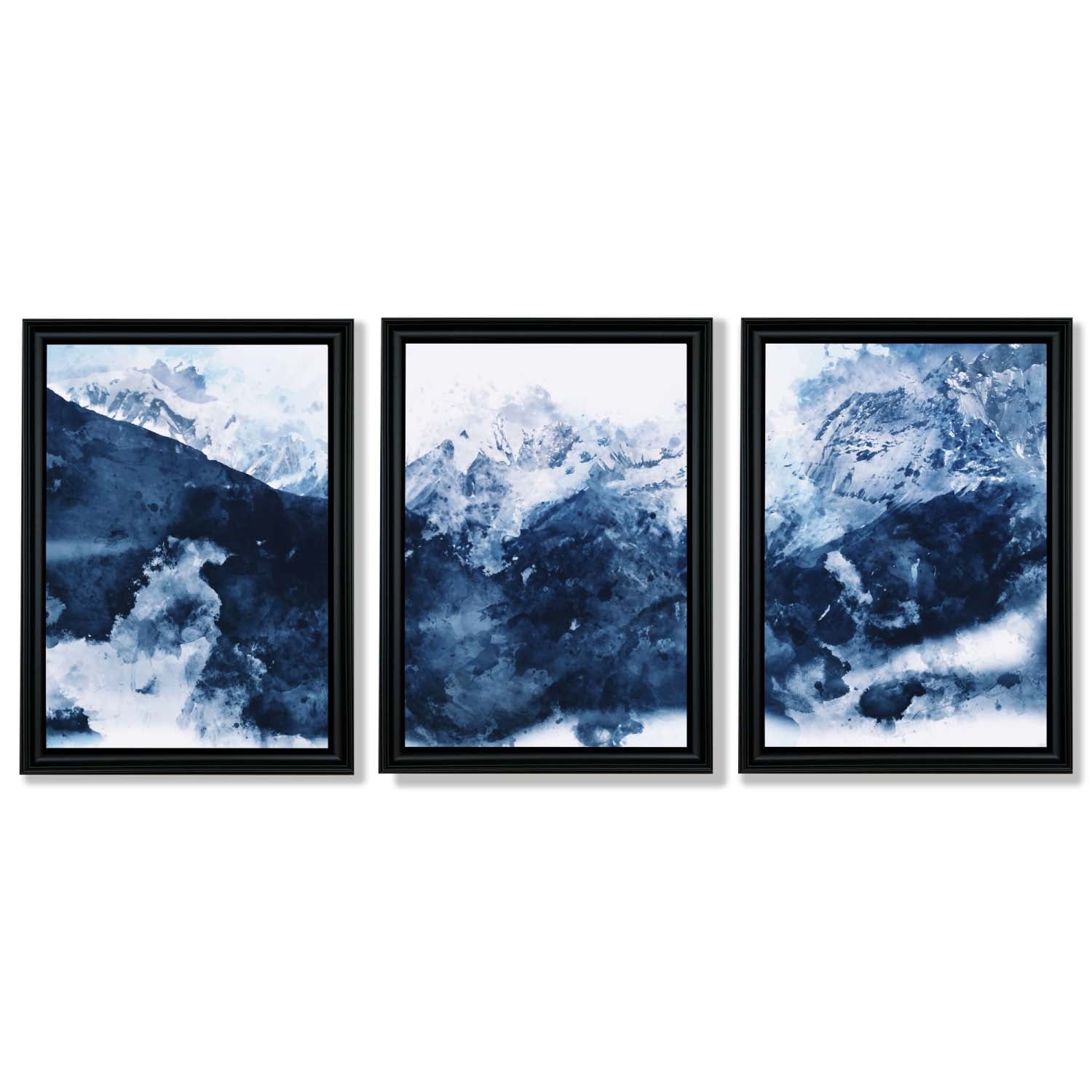 Abstract Navy Blue Mountains Set of 3 Framed Art Prints with Vermeer Black Frames