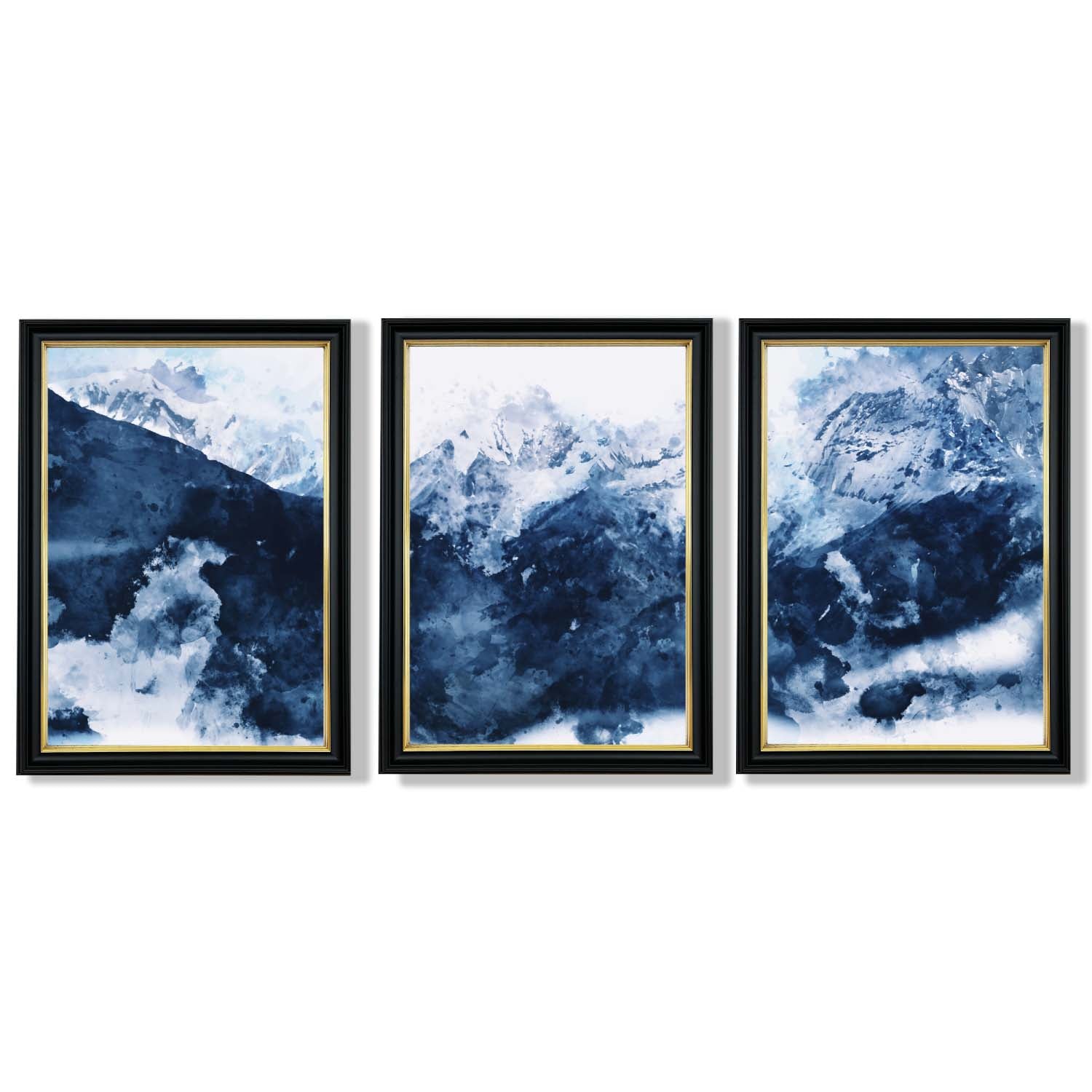 Abstract Navy Blue Mountains Set of 3 Framed Art Prints with Vermeer Black and Gold Frames