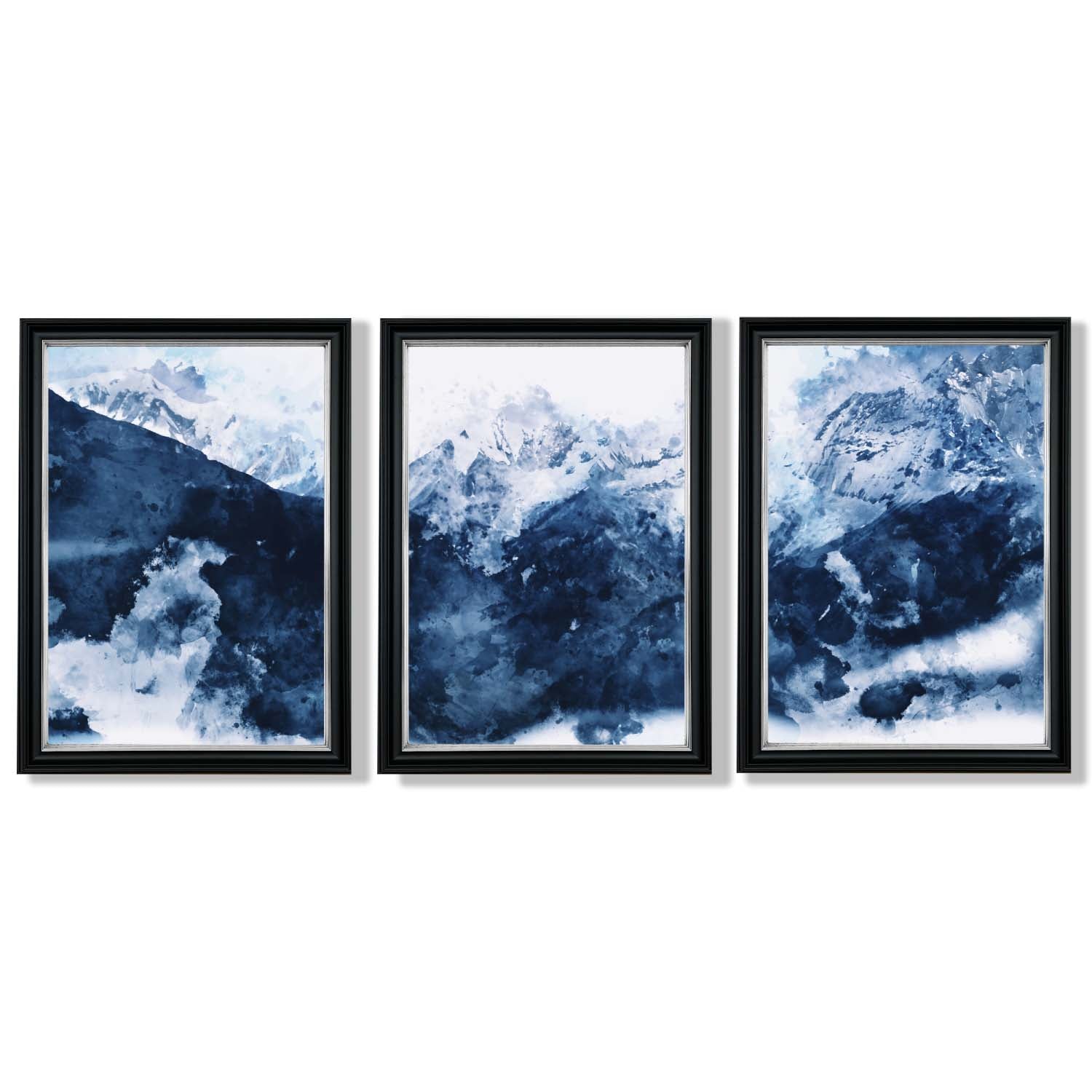 Abstract Navy Blue Mountains Set of 3 Framed Art Prints with Vermeer Black and Silver Frames