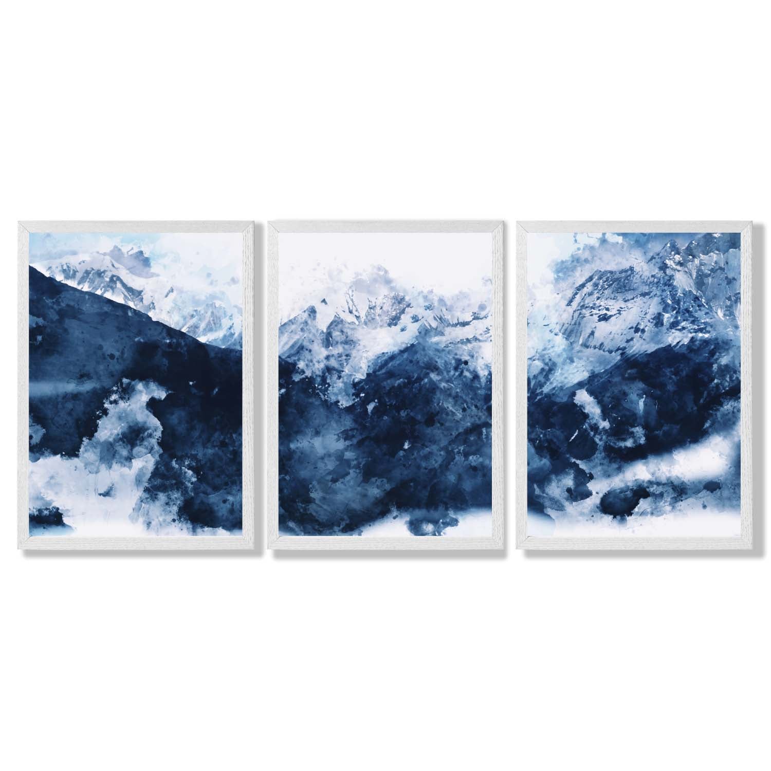 Abstract Navy Blue Mountains Set of 3 Framed Art Prints with White Wooden Frames