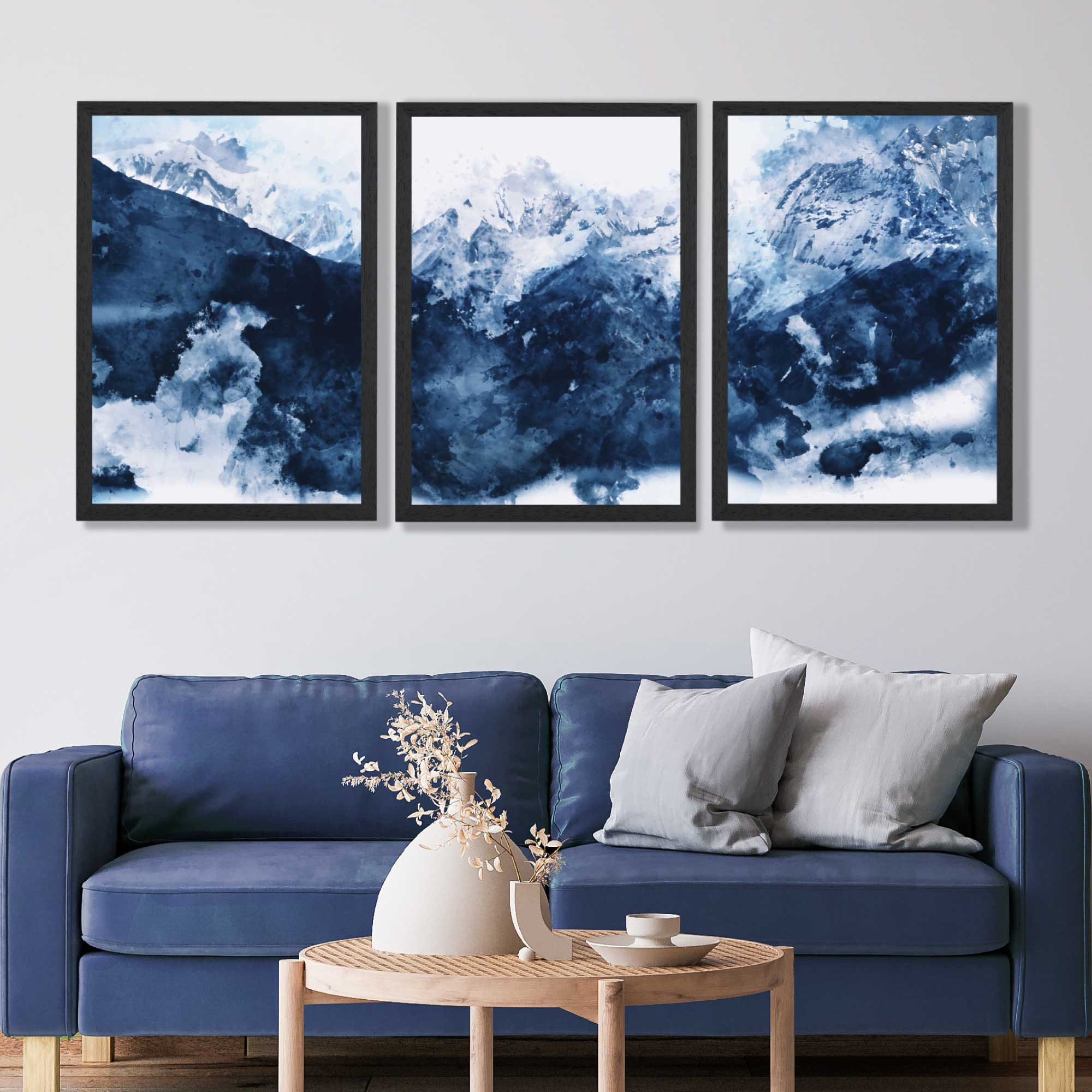 Abstract Navy Blue Mountains Set of 3 Art Prints in Luxury Frames | Artze UK