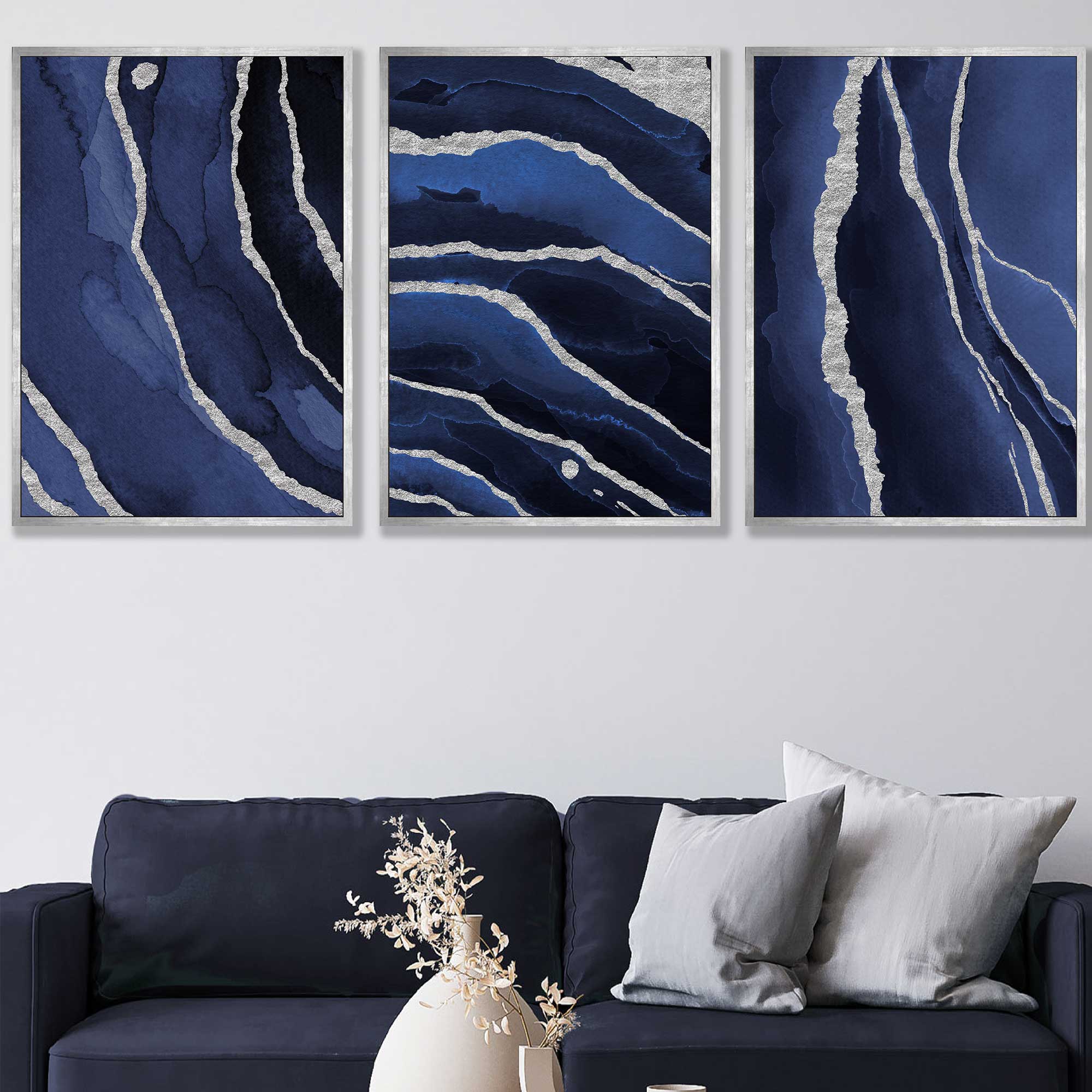 Set of 3 Abstract Navy Blue and Silver Wall Art Prints