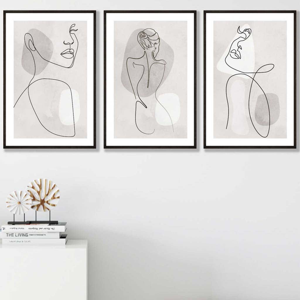 Grey & Beige Abstract Minimal Line Art Female Set of 3 Art Prints