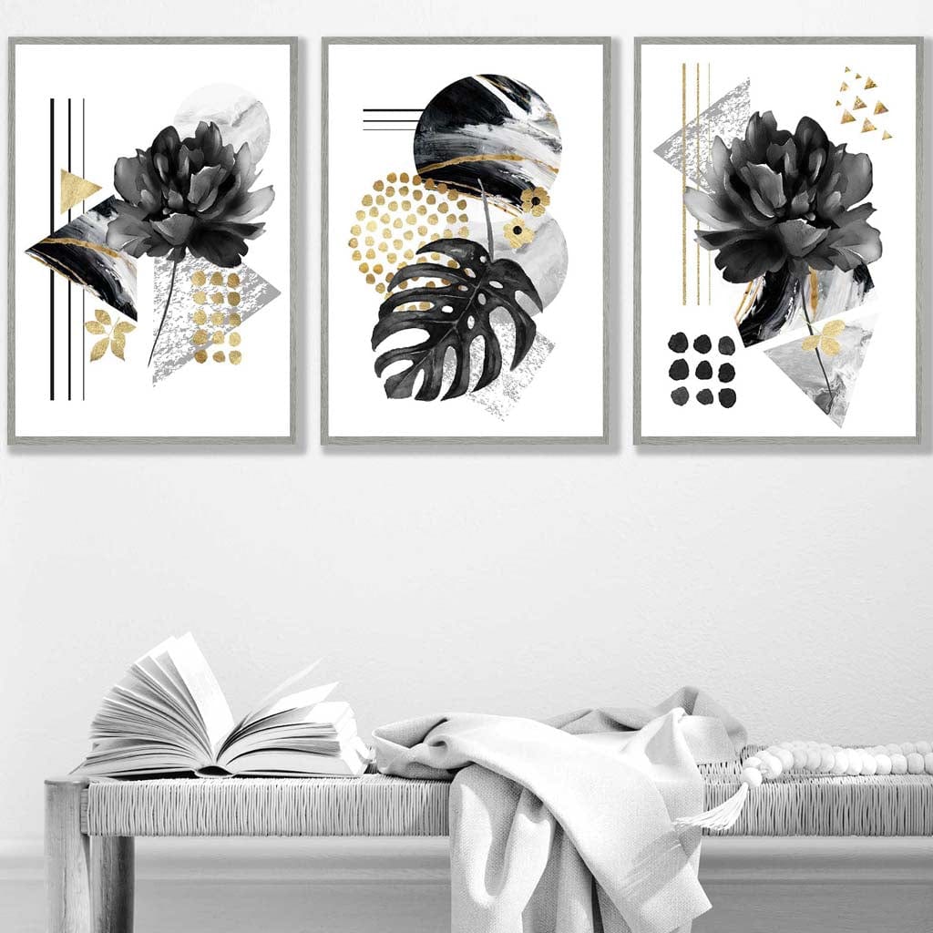 Set of 3 Abstract Black and Gold Botanical Wall Art Prints