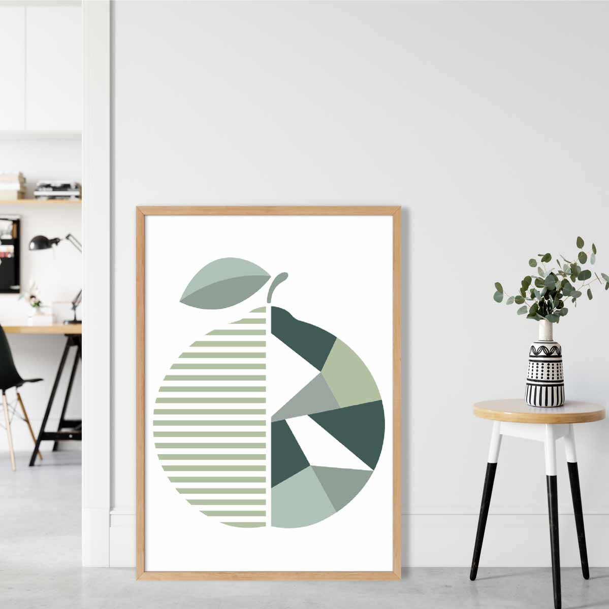 Geometric Fruit Poster of an Orange in Sage green