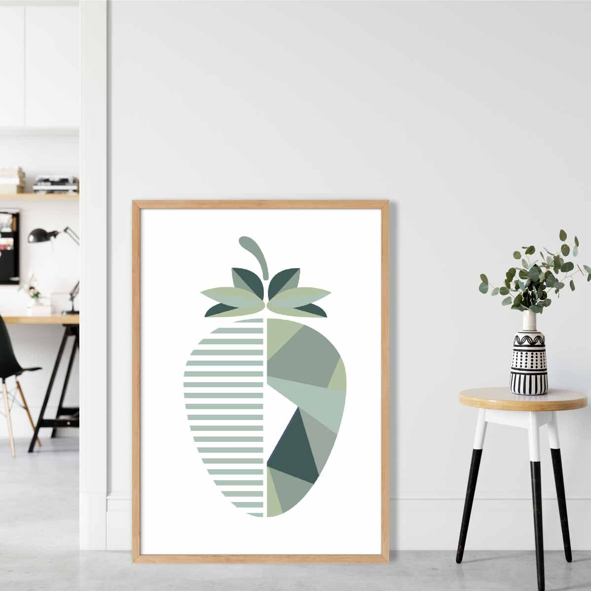 Geometric Fruit Poster of Strawberry in Sage green