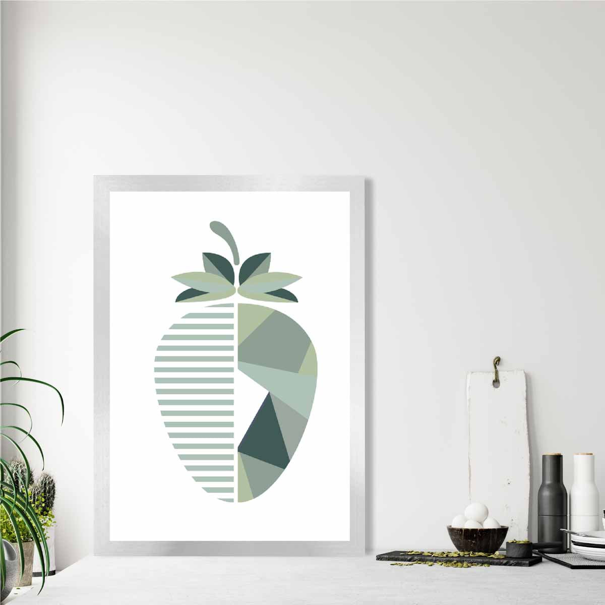 Geometric Fruit Poster of Strawberry in Sage green