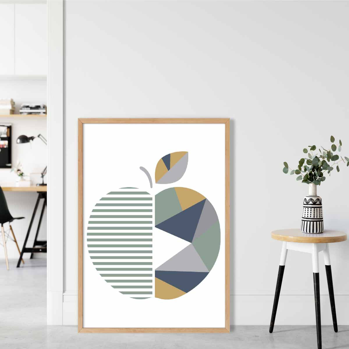 Geometric Fruit Poster of an Apple in Sage Green Blue and Yellow