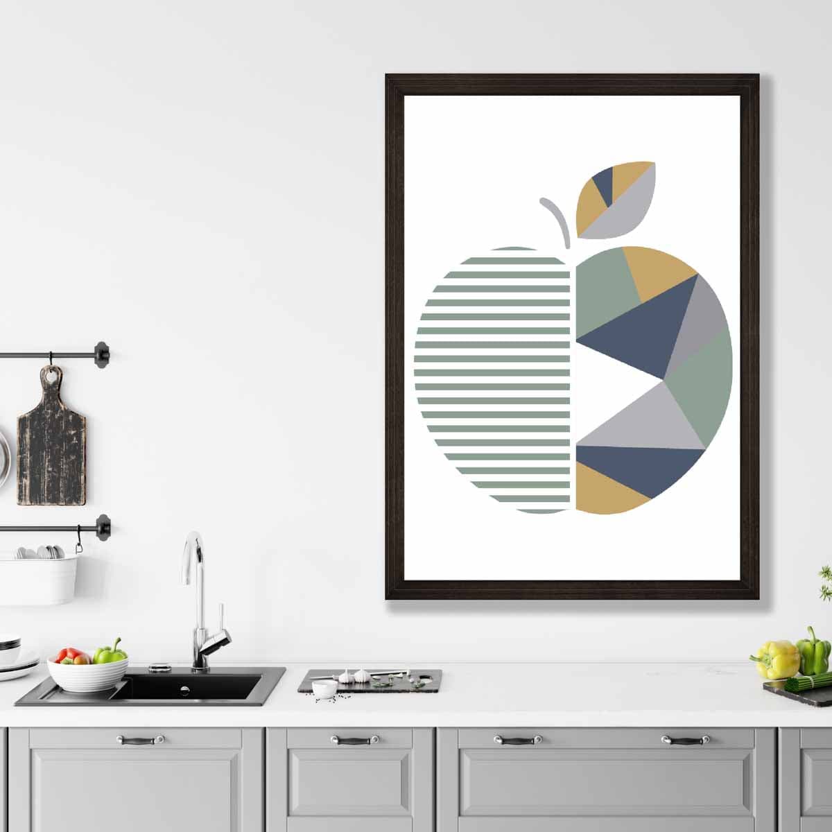 Geometric Fruit Poster of an Apple in Sage Green Blue and Yellow