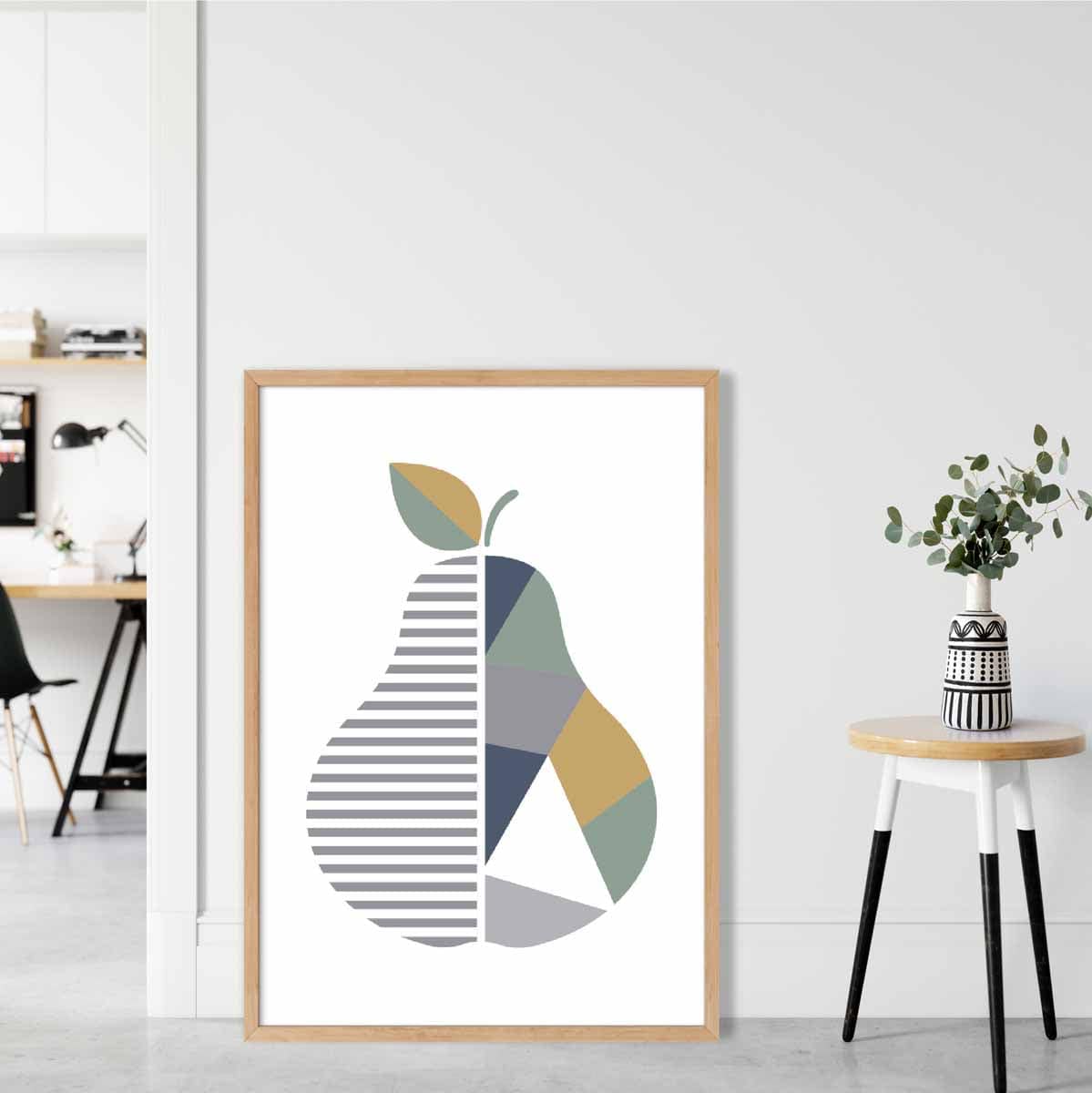 Geometric Fruit Poster of a Pear in Sage Green Blue Yellow