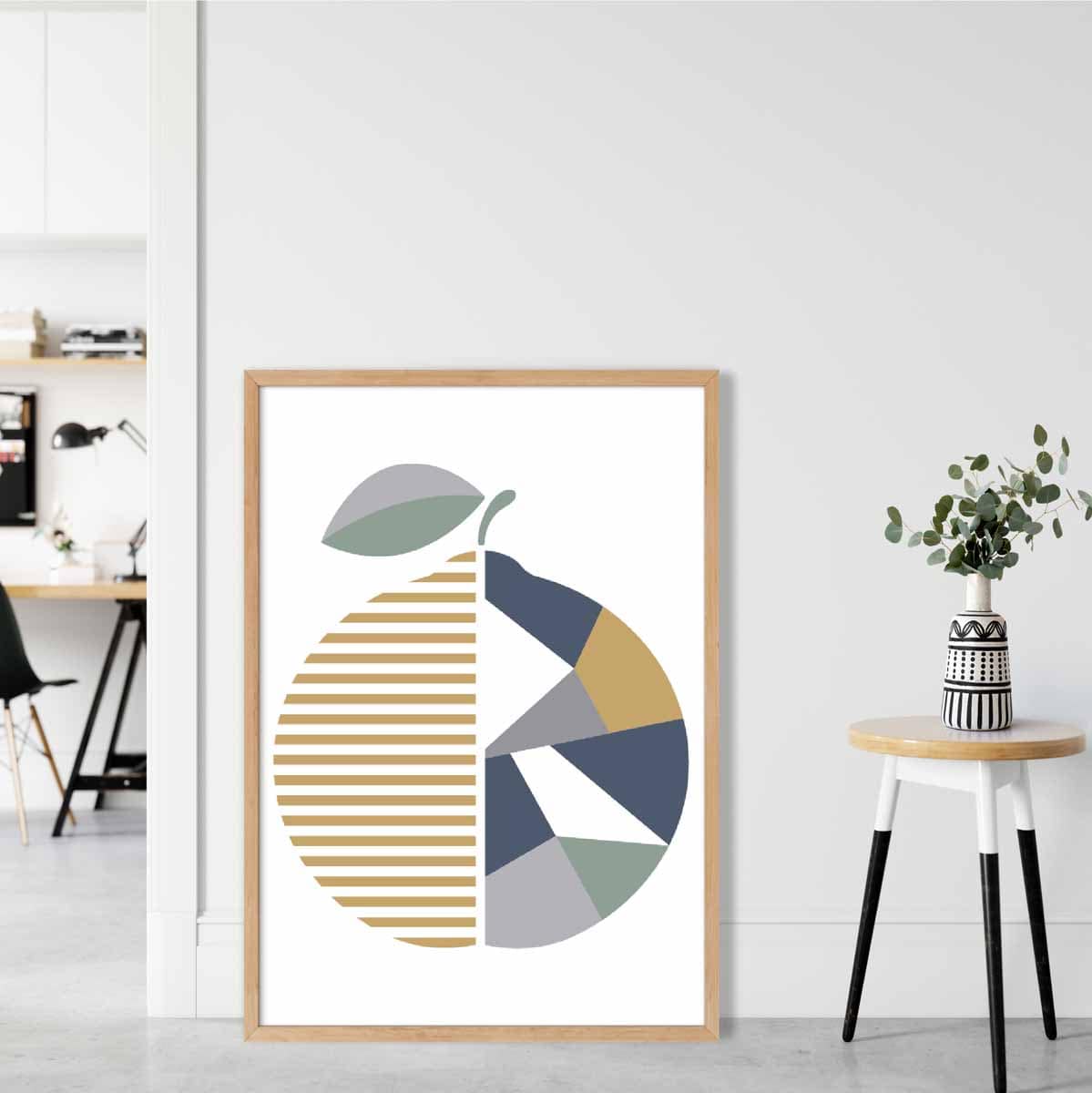 Geometric Fruit Poster of Orange in Sage green Blue Yellow