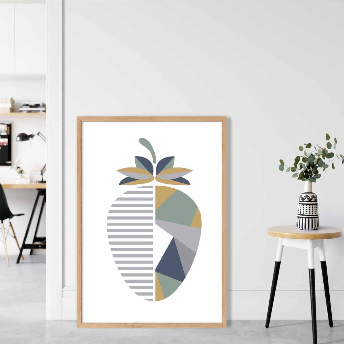 Geometric Fruit Poster of Strawberry in Sage green Blue Yellow