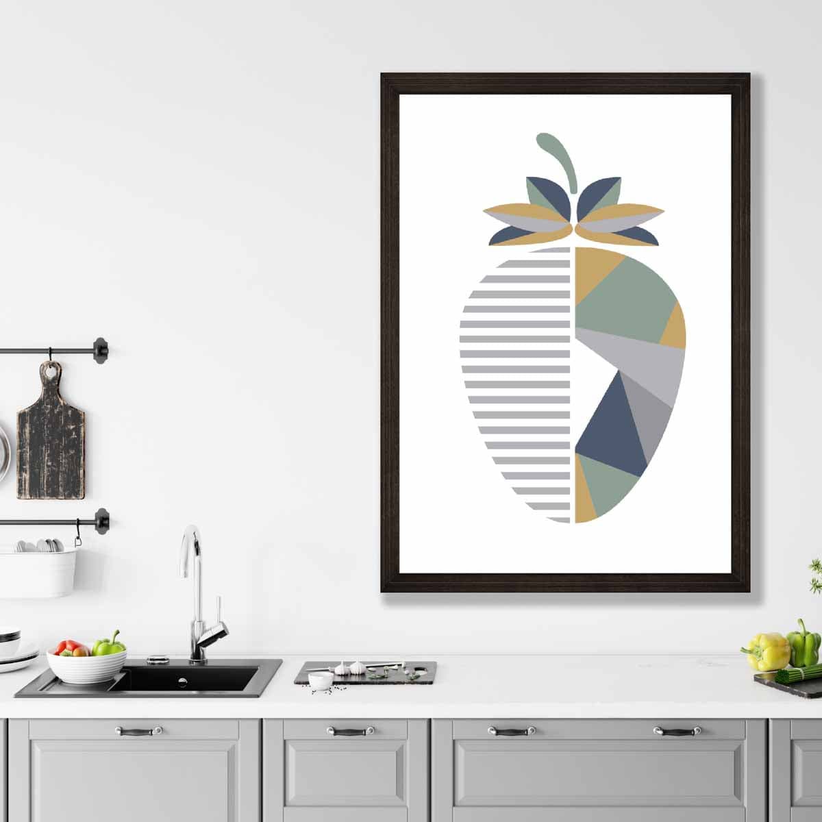 Geometric Fruit Poster of Strawberry in Sage green Blue Yellow
