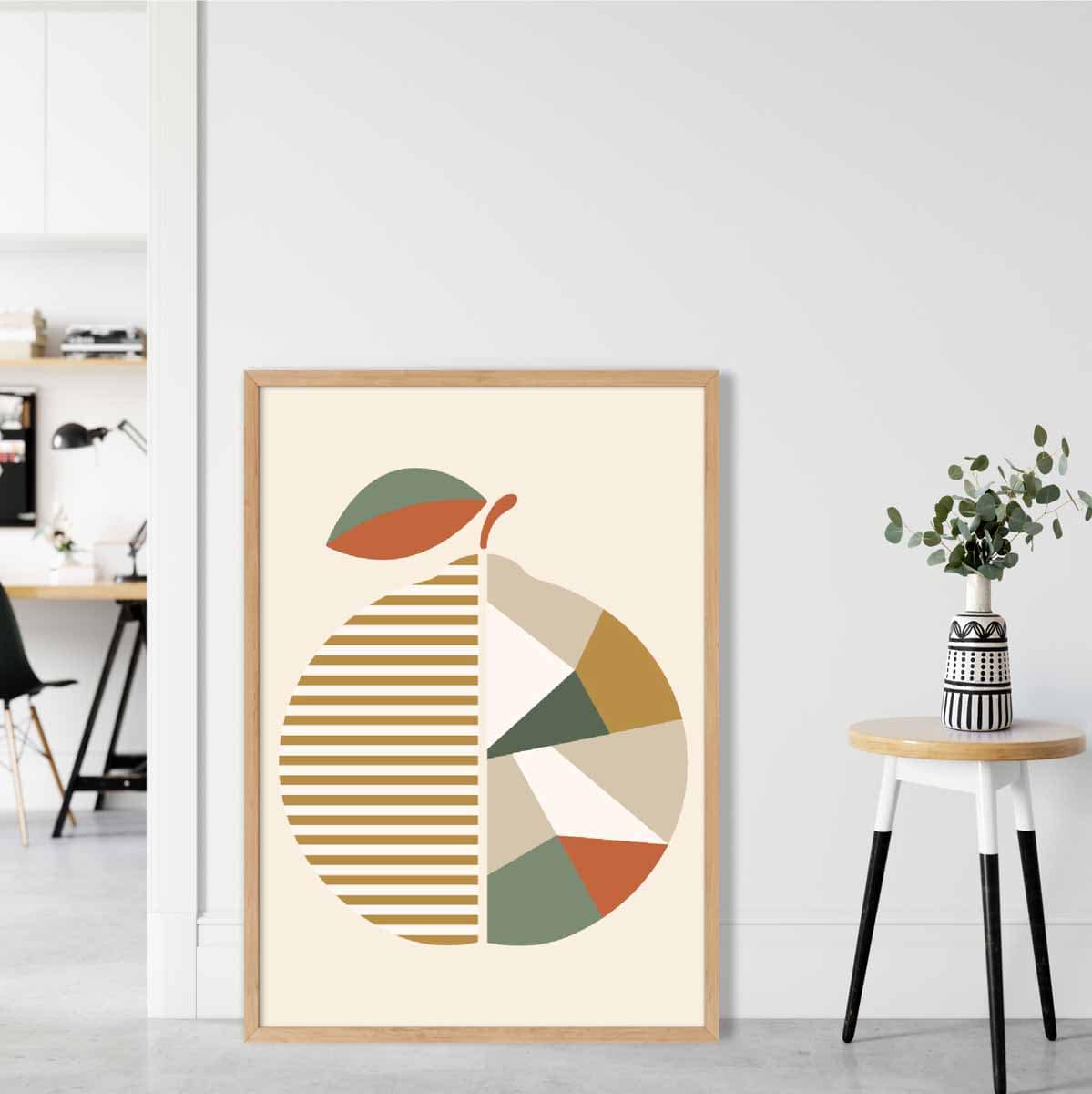 Geometric Fruit Poster of an Orange in Green Orange Yellow
