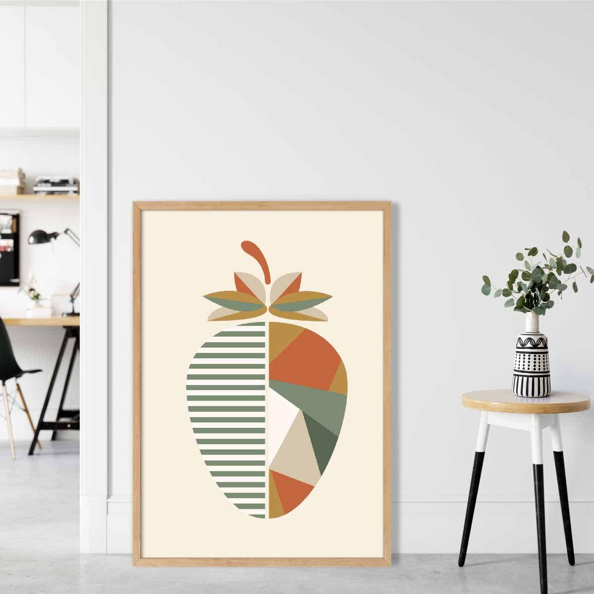 Geometric Fruit Poster of a Strawberry in Green Orange Yellow