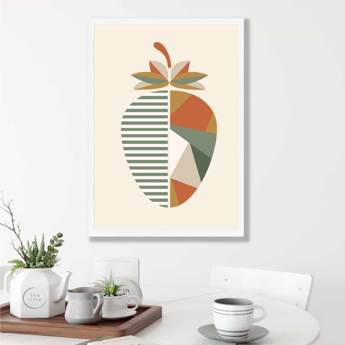Geometric Fruit Poster of a Strawberry in Green Orange Yellow