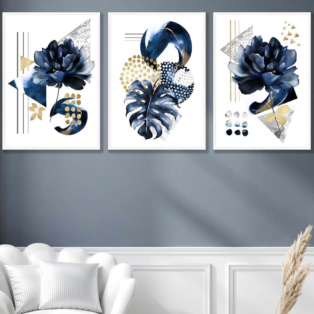 Abstract Geometric Floral Navy and Gold Set of 3 Wall Art Prints