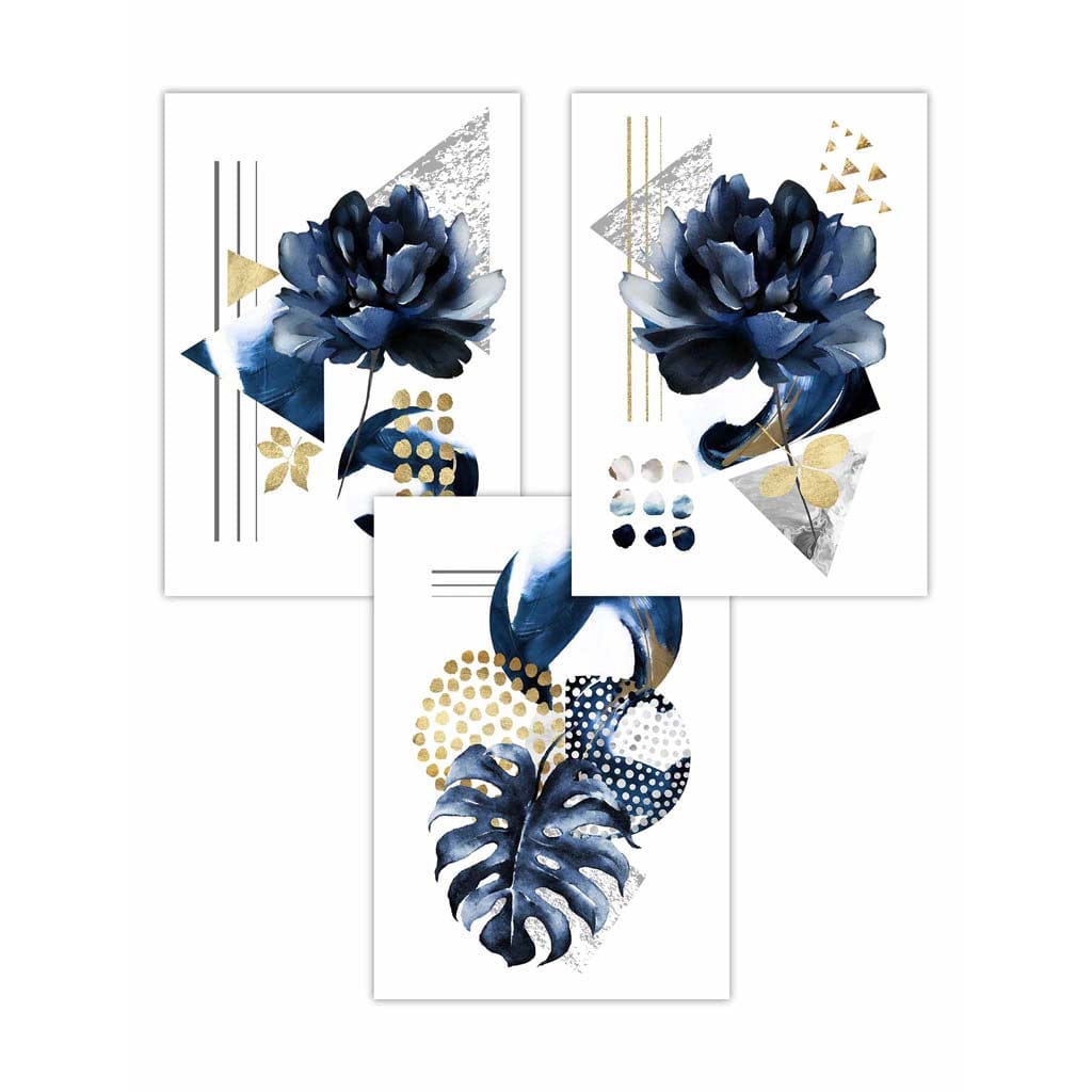 Abstract Geometric Floral Navy and Gold Set of 3 Wall Art Prints