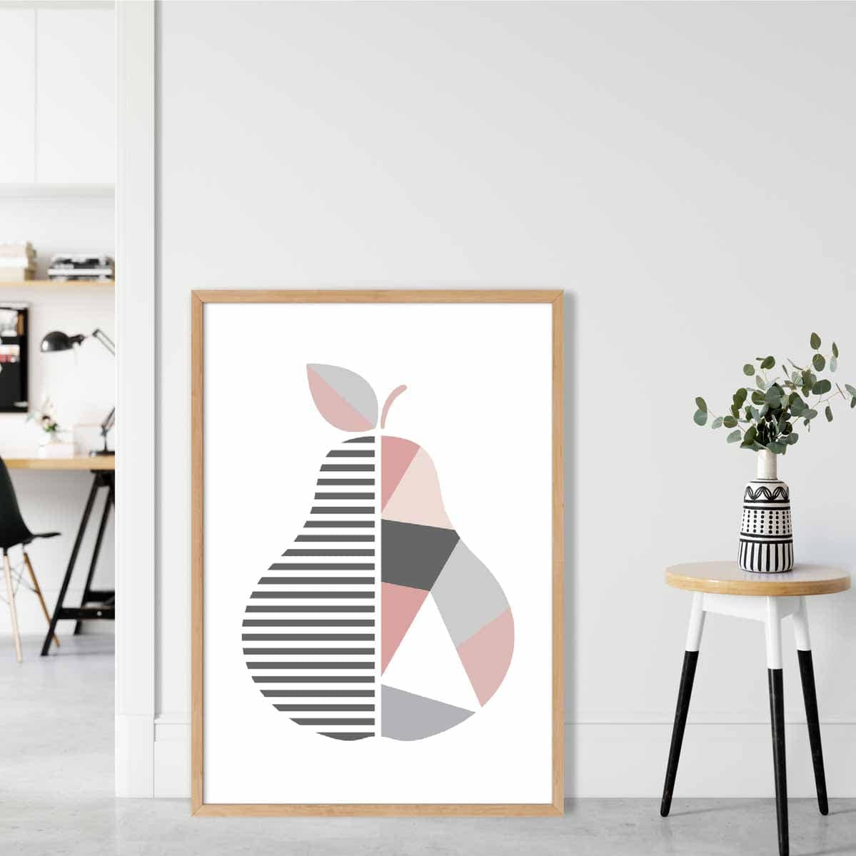 Geometric Fruit Poster of a Pear in Blush Pink and Grey