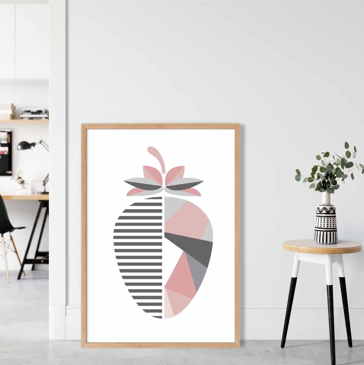 Geometric Fruit Poster of a Strawberry in Blush Pink and Grey
