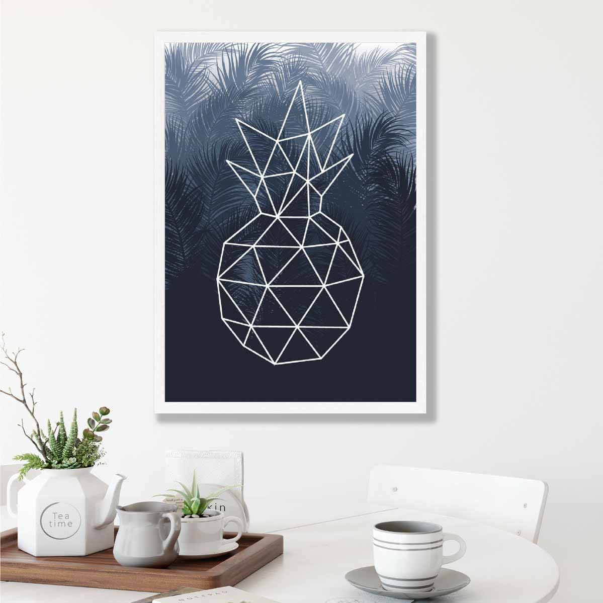 Geometric Fruit Poster Line Art of Pineapple on Navy Palms