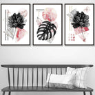 Set of 3 Modern Floral Wall Art Prints Pink & Black