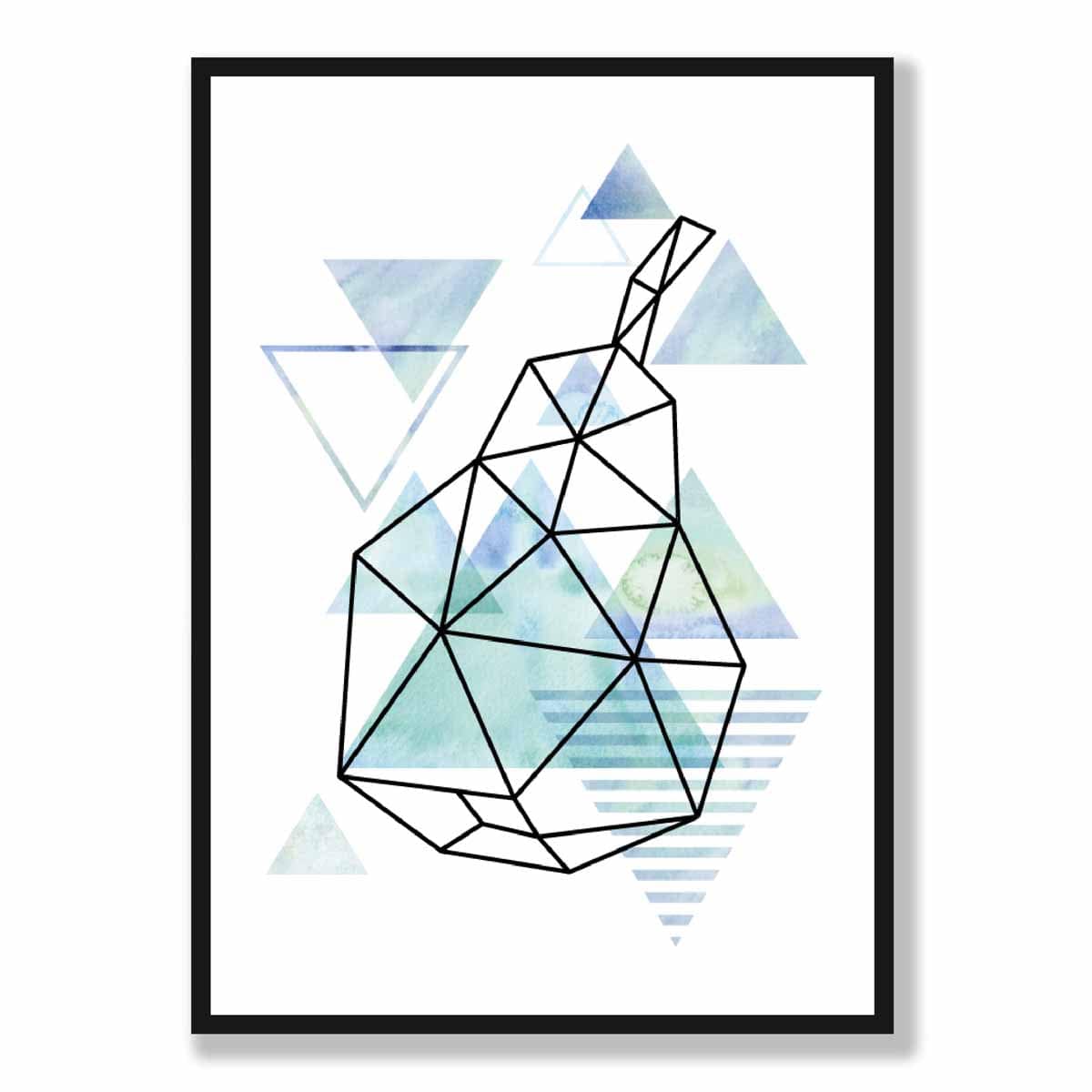 Geometric Fruit Poster Line Art of Pear on Aqua Blue Watercolour