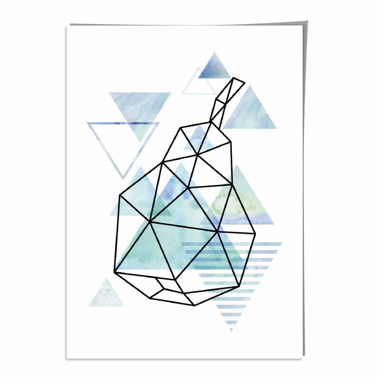 Geometric Fruit Poster Line Art of Pear on Aqua Blue Watercolour