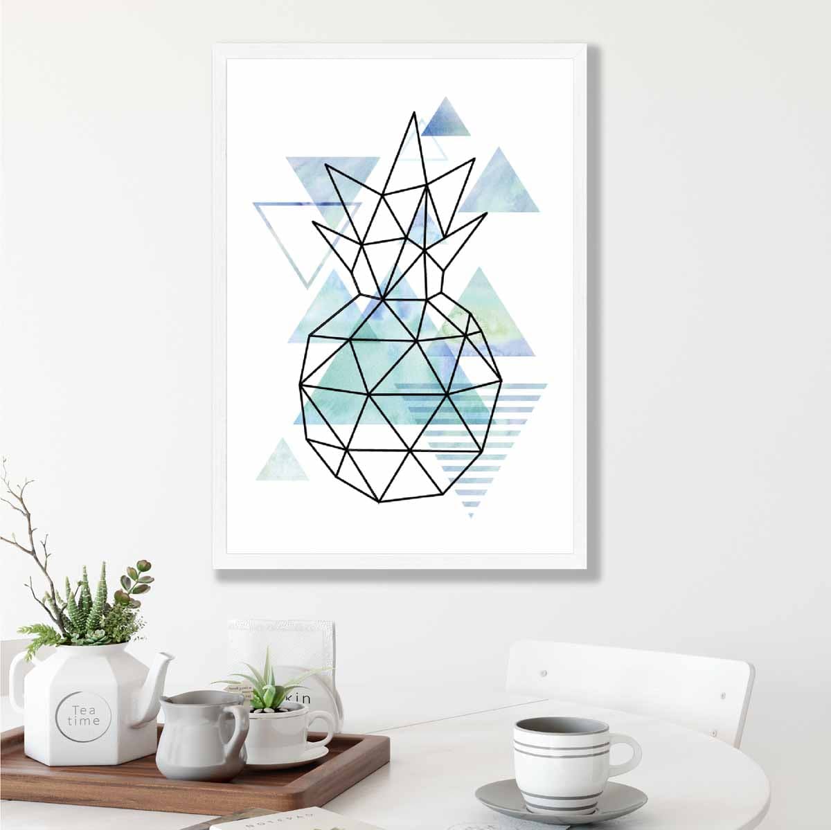Geometric Fruit Poster Line Art of Pineapple on Aqua Blue Watercolour