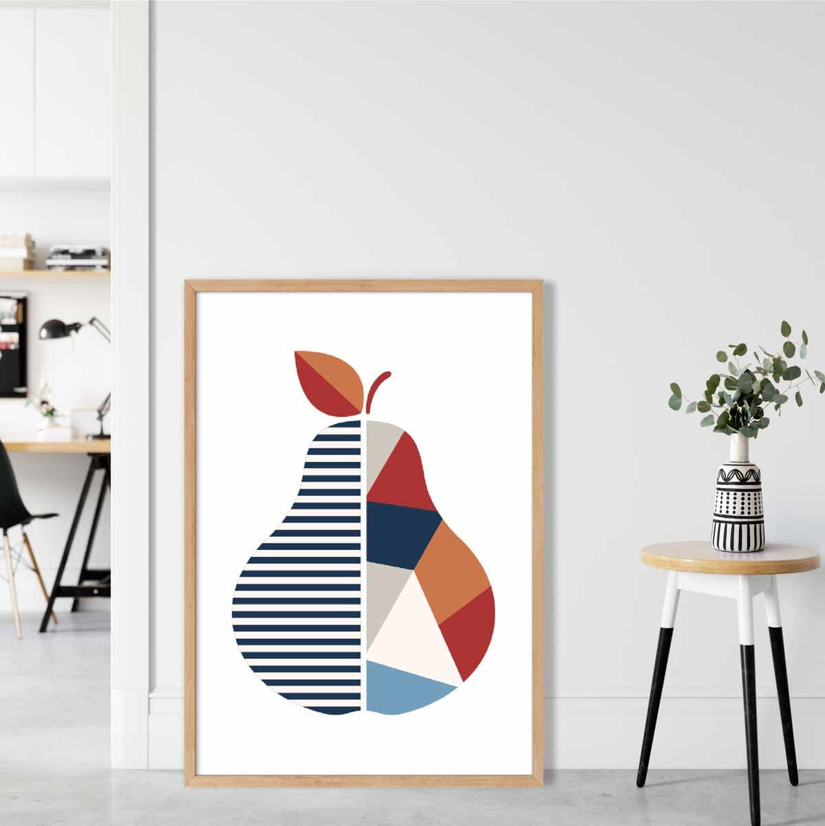 Geometric Fruit Poster of a Pear in Red Orange Blue