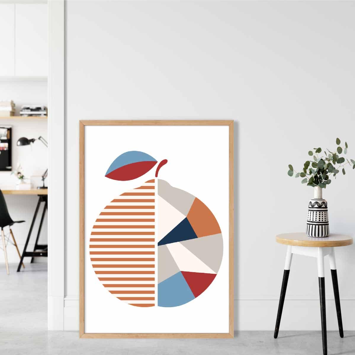 Geometric Fruit Poster of an Orange in Red Orange Blue