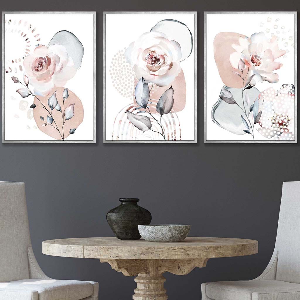 Abstract Blush Pink and Grey Floral Art Prints