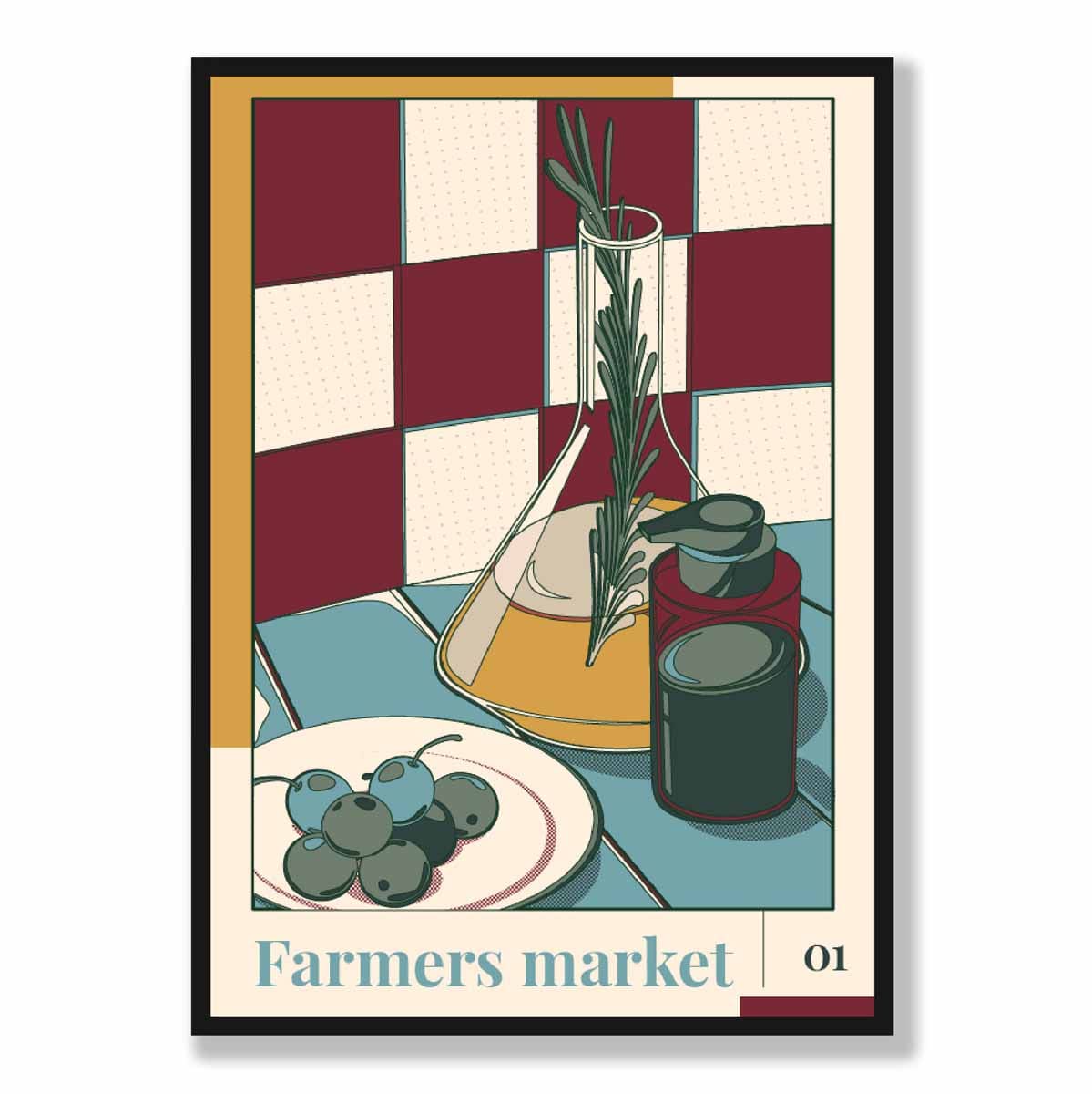 Farmers Market Poster No 1 in Damson Red and Blue