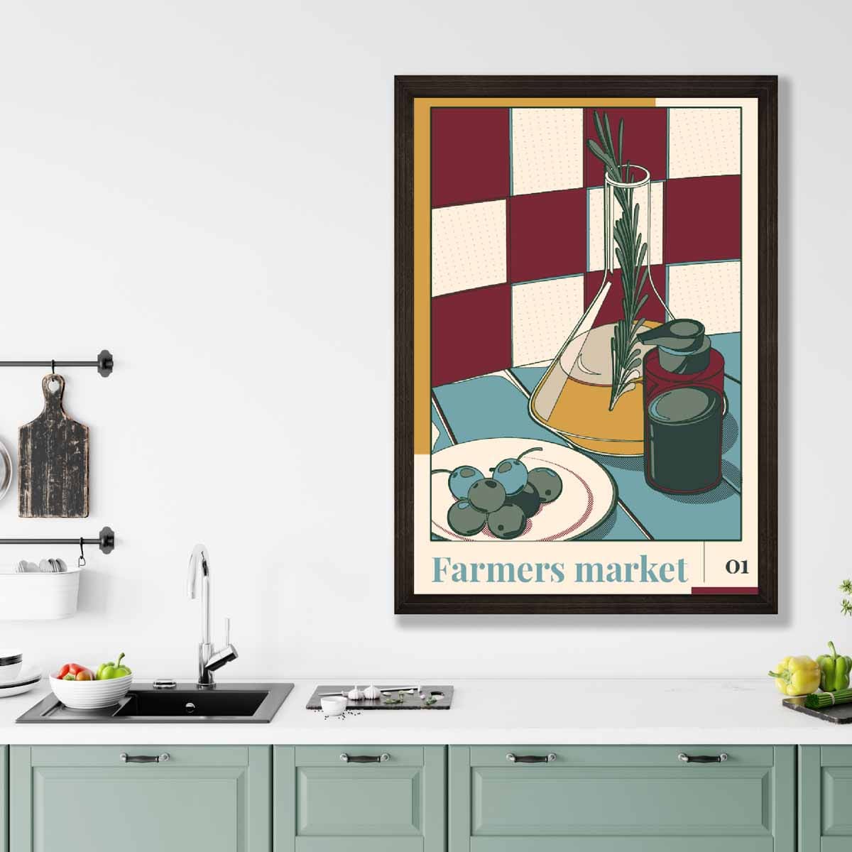 Farmers Market Poster No 1 in Damson Red and Blue