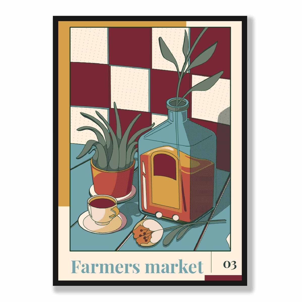 Farmers Market Poster No 3 in Damson Red and Blue
