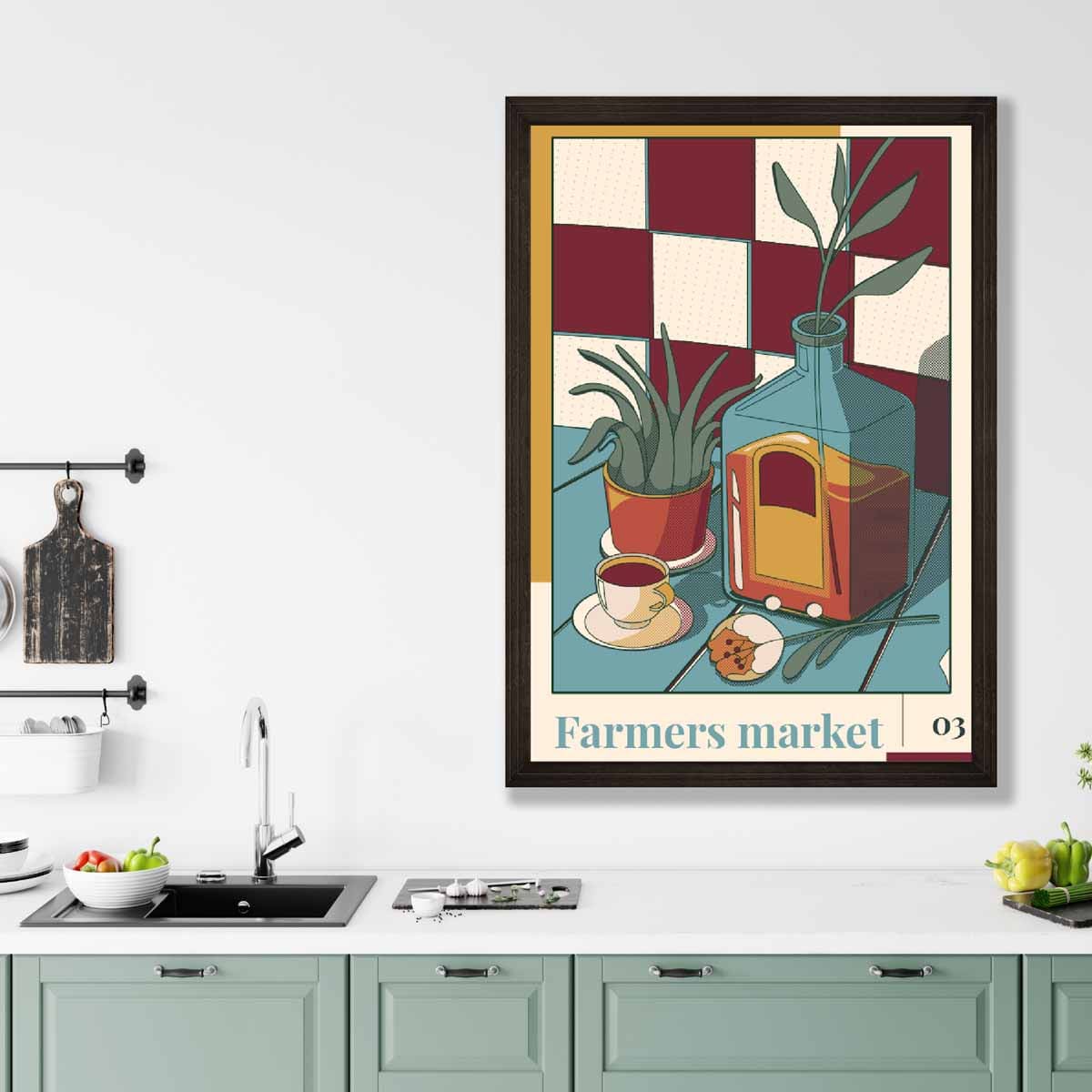 Farmers Market Poster No 3 in Damson Red and Blue